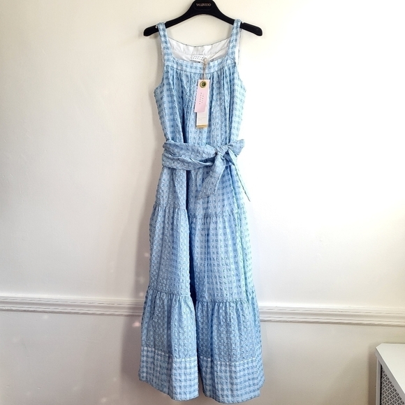New Tanya Taylor Savannah Crinkled Gingham Oxford Blue Midi Dress NWT XS - Picture 8 of 16